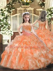 Inexpensive Floor Length Orange Kids Formal Wear Organza Sleeveless Beading and Sequins