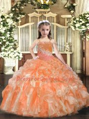 Inexpensive Floor Length Orange Kids Formal Wear Organza Sleeveless Beading and Sequins