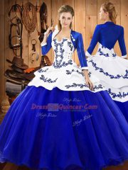 Graceful Royal Blue Lace Up Strapless Embroidery Sweet 16 Quinceanera Dress Tulle Sleeveless