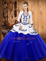 Graceful Royal Blue Lace Up Strapless Embroidery Sweet 16 Quinceanera Dress Tulle Sleeveless