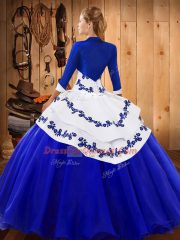 Graceful Royal Blue Lace Up Strapless Embroidery Sweet 16 Quinceanera Dress Tulle Sleeveless
