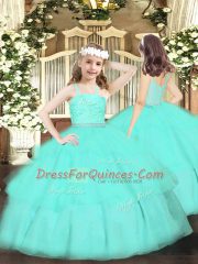 Apple Green Sleeveless Lace and Ruffled Layers Floor Length 15th Birthday Dress