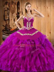Customized Fuchsia Sleeveless Satin and Organza Lace Up Sweet 16 Quinceanera Dress for Military Ball and Sweet 16 and Quinceanera