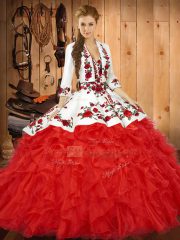 Inexpensive Red Sweetheart Neckline Embroidery and Ruffles Sweet 16 Quinceanera Dress Sleeveless Lace Up