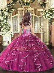 Purple Sleeveless Floor Length Beading and Ruffles Lace Up Girls Pageant Dresses