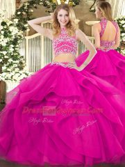 Fuchsia Tulle Backless Ball Gown Prom Dress Sleeveless Floor Length Beading and Ruffles