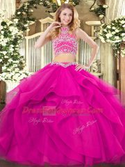 Fuchsia Tulle Backless Ball Gown Prom Dress Sleeveless Floor Length Beading and Ruffles