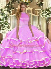 Customized Halter Top Sleeveless Quince Ball Gowns Floor Length Beading and Ruffled Layers Lilac Organza