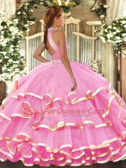 Customized Halter Top Sleeveless Quince Ball Gowns Floor Length Beading and Ruffled Layers Lilac Organza
