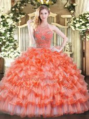 Orange Ball Gowns Beading and Ruffled Layers Sweet 16 Dresses Zipper Organza Sleeveless Floor Length
