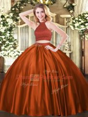 Decent Rust Red Ball Gowns Halter Top Sleeveless Tulle Floor Length Backless Beading 15 Quinceanera Dress
