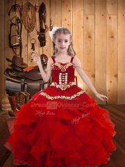 Amazing Red Organza Lace Up Straps Sleeveless Floor Length Little Girl Pageant Gowns Embroidery and Ruffles