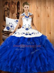 Blue And White Ball Gowns Embroidery and Ruffles Vestidos de Quinceanera Lace Up Satin and Organza Sleeveless Floor Length