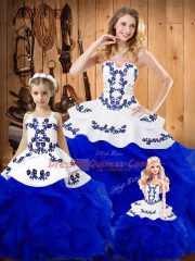 Royal Blue Tulle Lace Up Strapless Sleeveless Floor Length 15 Quinceanera Dress Embroidery and Ruffles