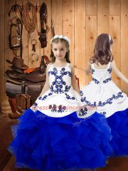 Royal Blue Tulle Lace Up Strapless Sleeveless Floor Length 15 Quinceanera Dress Embroidery and Ruffles