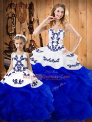 Royal Blue Tulle Lace Up Strapless Sleeveless Floor Length 15 Quinceanera Dress Embroidery and Ruffles