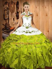 Latest Floor Length Olive Green Quinceanera Dresses Satin and Organza Sleeveless Embroidery and Ruffles