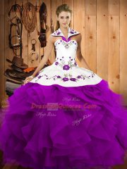Purple Satin and Organza Lace Up Halter Top Sleeveless Floor Length 15 Quinceanera Dress Embroidery and Ruffles