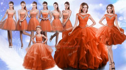 Excellent Organza Scoop Sleeveless Lace Up Beading and Ruffles 15th Birthday Dress in Rust Red