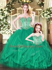 Green Sleeveless Floor Length Beading and Ruffles Lace Up Sweet 16 Quinceanera Dress