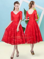 Cute Red Lace Lace Up V-neck Half Sleeves Tea Length Quinceanera Court Dresses Bowknot
