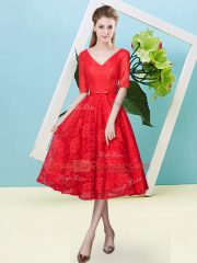 Cute Red Lace Lace Up V-neck Half Sleeves Tea Length Quinceanera Court Dresses Bowknot