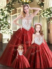 Popular Wine Red Sleeveless Tulle Lace Up 15th Birthday Dress for Military Ball and Sweet 16 and Quinceanera