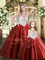 Popular Wine Red Sleeveless Tulle Lace Up 15th Birthday Dress for Military Ball and Sweet 16 and Quinceanera