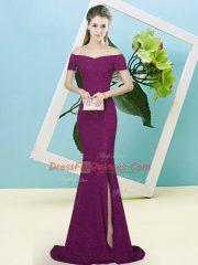 Sweet Sequins Prom Evening Gown Purple Zipper Short Sleeves Sweep Train