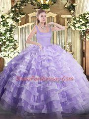 Fabulous Lavender Zipper Sweet 16 Quinceanera Dress Beading and Ruffled Layers Sleeveless Floor Length