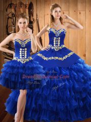 Fantastic Blue Ball Gowns Embroidery and Ruffled Layers Quinceanera Gown Lace Up Tulle Sleeveless Floor Length