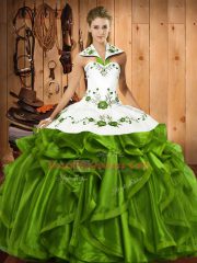 Dynamic Halter Top Sleeveless Lace Up Ball Gown Prom Dress Olive Green Satin and Organza