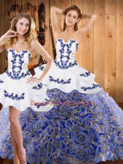 Multi-color Three Pieces Embroidery Sweet 16 Quinceanera Dress Lace Up Satin and Fabric With Rolling Flowers Sleeveless With Train