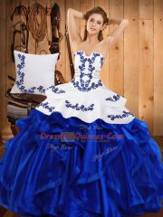 Superior Satin and Organza Sleeveless Floor Length Sweet 16 Dress and Embroidery and Ruffles
