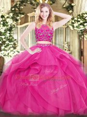Custom Made Scoop Sleeveless Tulle Sweet 16 Dress Beading and Ruffles Zipper