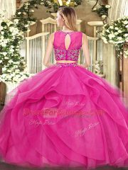 Custom Made Scoop Sleeveless Tulle Sweet 16 Dress Beading and Ruffles Zipper