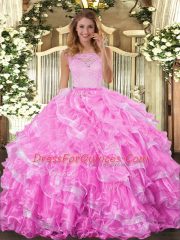 Ball Gowns Sweet 16 Dress Rose Pink Scoop Organza Sleeveless Floor Length Clasp Handle