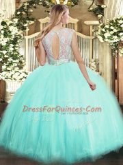 Gorgeous Baby Pink Tulle Backless Sweet 16 Dresses Sleeveless Floor Length Lace