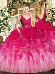 Tulle Sleeveless Floor Length Quinceanera Gowns and Beading and Ruffles