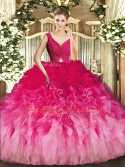Tulle Sleeveless Floor Length Quinceanera Gowns and Beading and Ruffles