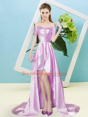 Lilac Off The Shoulder Neckline Sequins Prom Dresses Short Sleeves Zipper