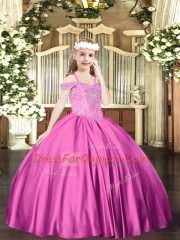 High Class Satin Sleeveless Floor Length Girls Pageant Dresses and Beading