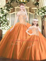 Floor Length Orange Red Quince Ball Gowns Off The Shoulder Sleeveless Lace Up