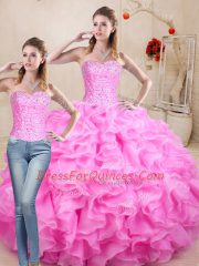 Cute Sleeveless Floor Length Beading and Ruffles Lace Up 15 Quinceanera Dress with Rose Pink