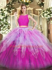 Fancy Floor Length Fuchsia Quinceanera Gowns Organza Sleeveless Lace and Ruffles