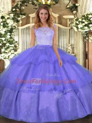 Luxury Lavender Organza Clasp Handle Quinceanera Dresses Sleeveless Floor Length Lace and Ruffled Layers