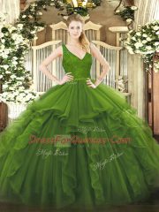 Noble Olive Green Ball Gowns V-neck Sleeveless Organza Floor Length Backless Beading and Lace and Ruffles Vestidos de Quinceanera