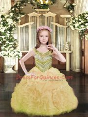 Exquisite Organza Scoop Sleeveless Lace Up Beading and Ruffles and Pick Ups Little Girls Pageant Dress in Gold