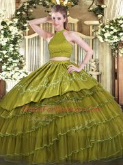 Sleeveless Organza Floor Length Backless 15 Quinceanera Dress in Olive Green with Beading and Embroidery and Ruffled Layers