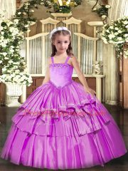 Lilac Ball Gowns Organza Straps Sleeveless Appliques and Ruffled Layers Floor Length Lace Up Winning Pageant Gowns